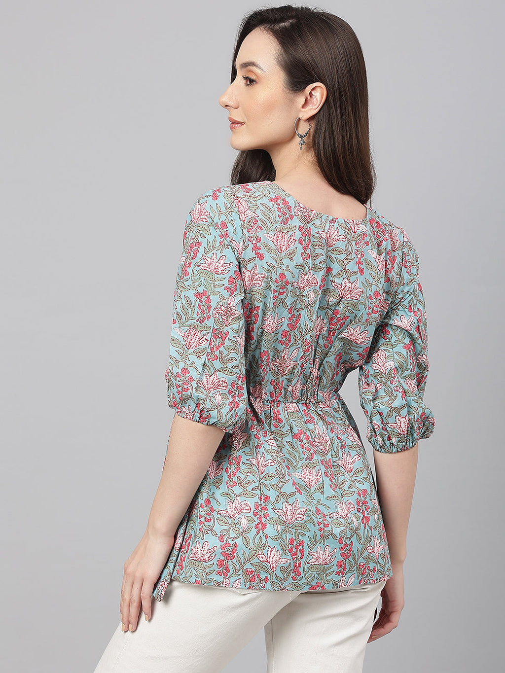 Janasya Women's Aqua Blue Cotton Floral Print Peplum Top - Distacart