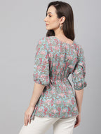 Janasya Women's Aqua Blue Cotton Floral Print Peplum Top - Distacart