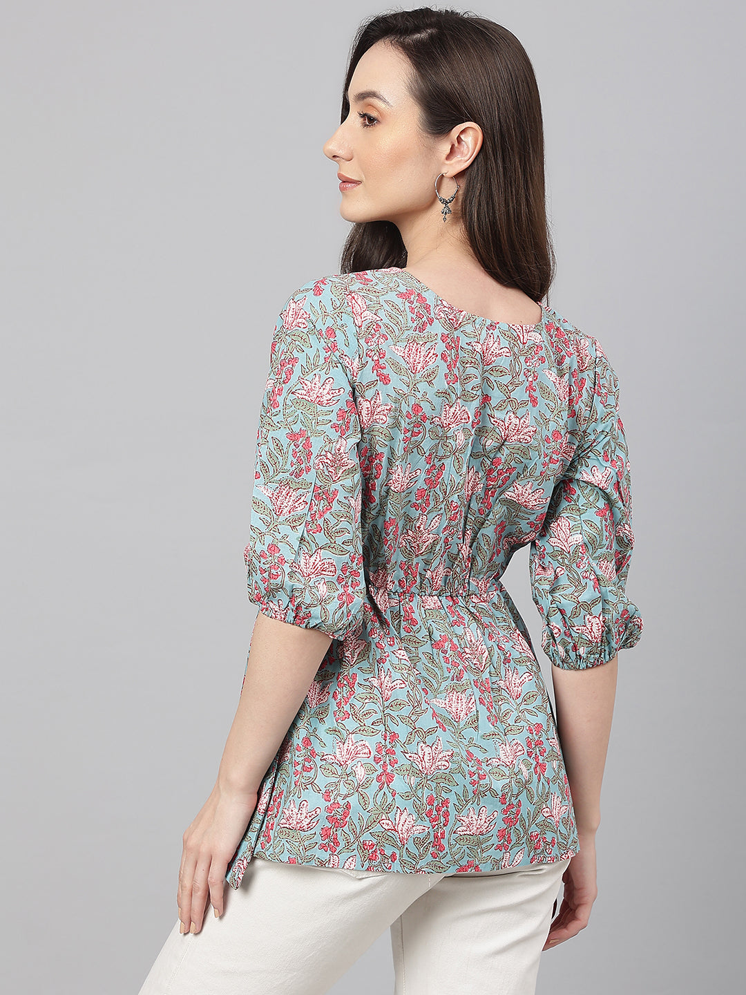 Janasya Women's Aqua Blue Cotton Floral Print Peplum Top - Distacart