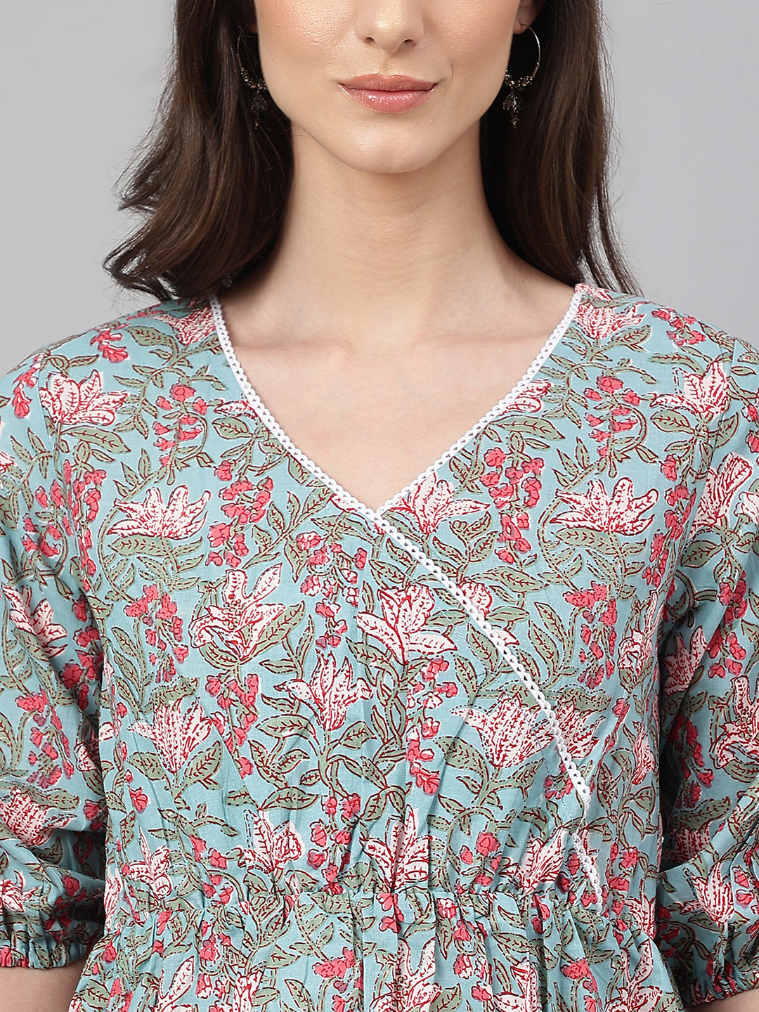 Janasya Women's Aqua Blue Cotton Floral Print Peplum Top - Distacart