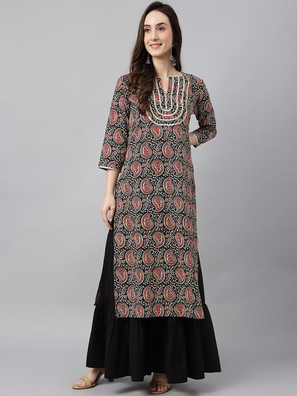 Janasya Women's Black Cotton Paisley Printed Casual Straight Kurta