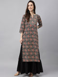 Janasya Women's Black Cotton Paisley Printed Casual Straight Kurta