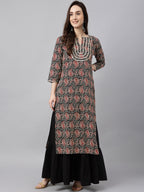 Janasya Women's Black Cotton Paisley Printed Casual Straight Kurta
