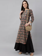 Janasya Women's Black Cotton Paisley Printed Casual Straight Kurta