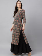 Janasya Women's Black Cotton Paisley Printed Casual Straight Kurta