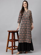 Janasya Women's Black Cotton Paisley Printed Casual Straight Kurta