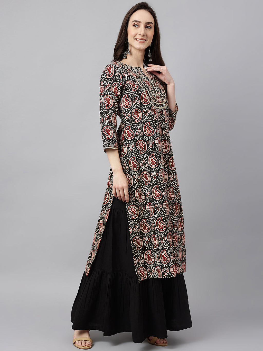 Janasya Women's Black Cotton Paisley Printed Casual Straight Kurta