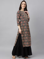 Janasya Women's Black Cotton Paisley Printed Casual Straight Kurta