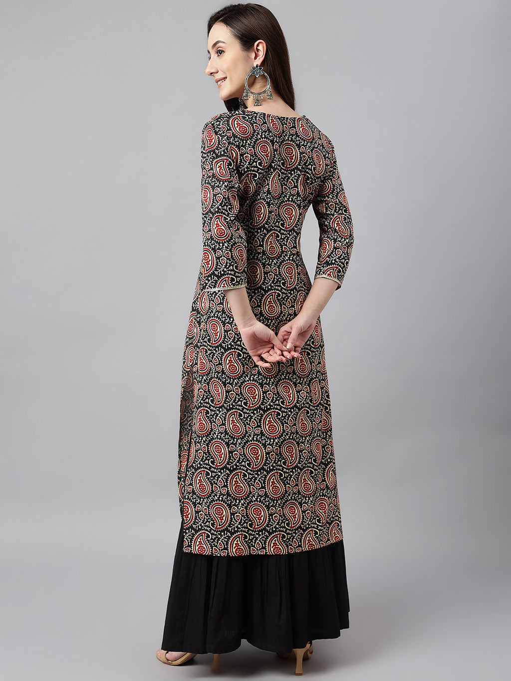 Janasya Women's Black Cotton Paisley Printed Casual Straight Kurta