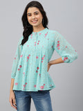 Janasya Women's Sea Green Dobby Georgette Floral Print Flared Top - Distacart