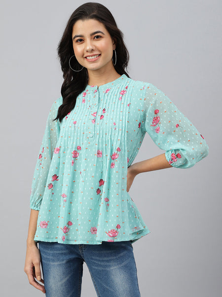 Janasya Women's Sea Green Dobby Georgette Floral Print Flared Top