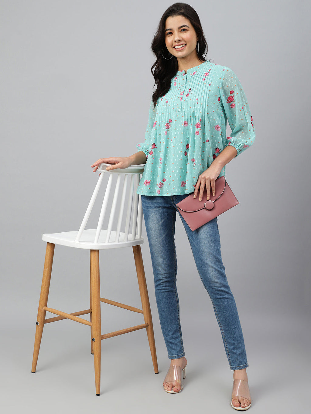 Janasya Women's Sea Green Dobby Georgette Floral Print Flared Top - Distacart