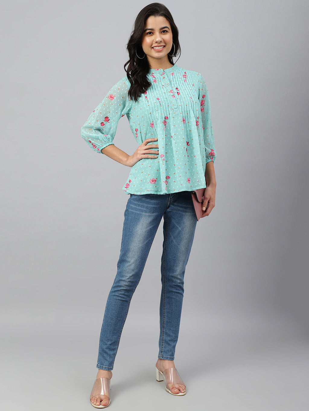 Janasya Women's Sea Green Dobby Georgette Floral Print Flared Top - Distacart