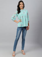 Janasya Women's Sea Green Dobby Georgette Floral Print Flared Top - Distacart