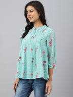 Janasya Women's Sea Green Dobby Georgette Floral Print Flared Top - Distacart