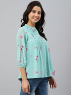 Janasya Women's Sea Green Dobby Georgette Floral Print Flared Top - Distacart