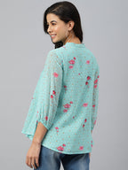 Janasya Women's Sea Green Dobby Georgette Floral Print Flared Top - Distacart