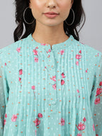 Janasya Women's Sea Green Dobby Georgette Floral Print Flared Top - Distacart