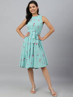 Janasya Women's Sea Green Dobby Georgette Floral Printed Tiered Western Dress - Distacart