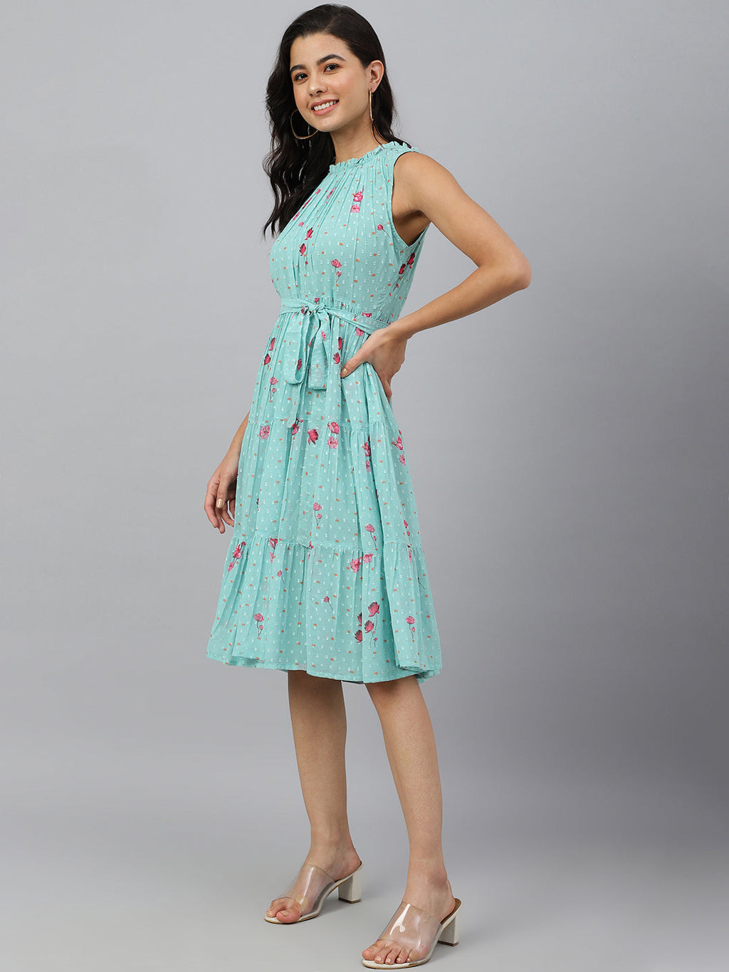 Janasya Women's Sea Green Dobby Georgette Floral Printed Tiered Western Dress - Distacart