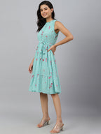 Janasya Women's Sea Green Dobby Georgette Floral Printed Tiered Western Dress - Distacart