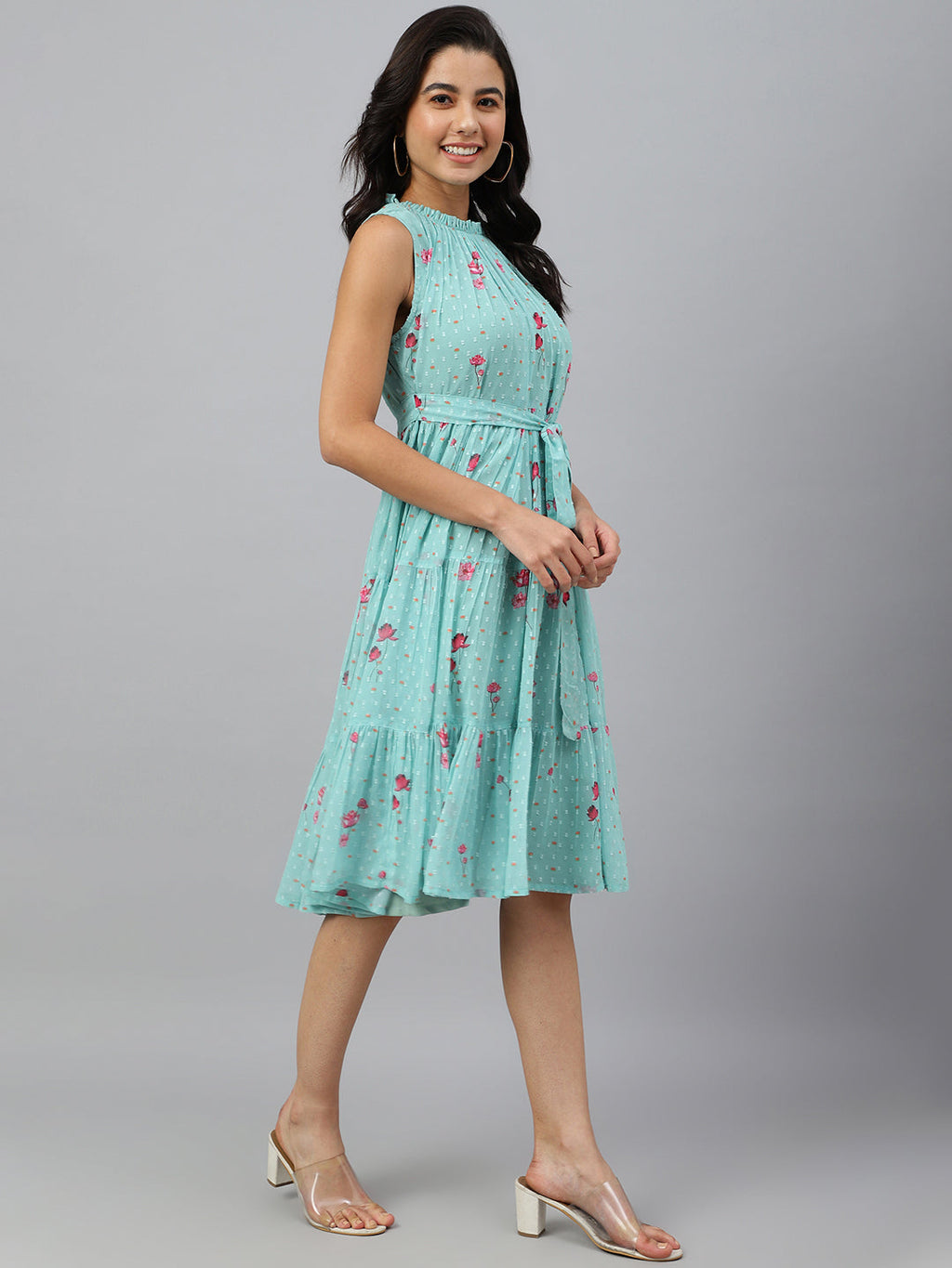 Janasya Women's Sea Green Dobby Georgette Floral Printed Tiered Western Dress - Distacart
