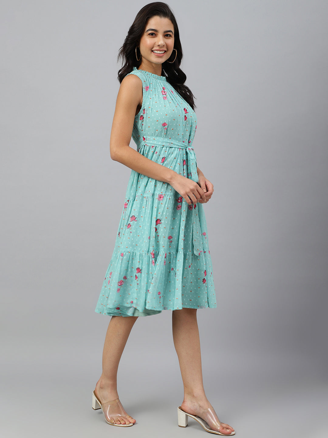 Janasya Women's Sea Green Dobby Georgette Floral Printed Tiered Western Dress - Distacart
