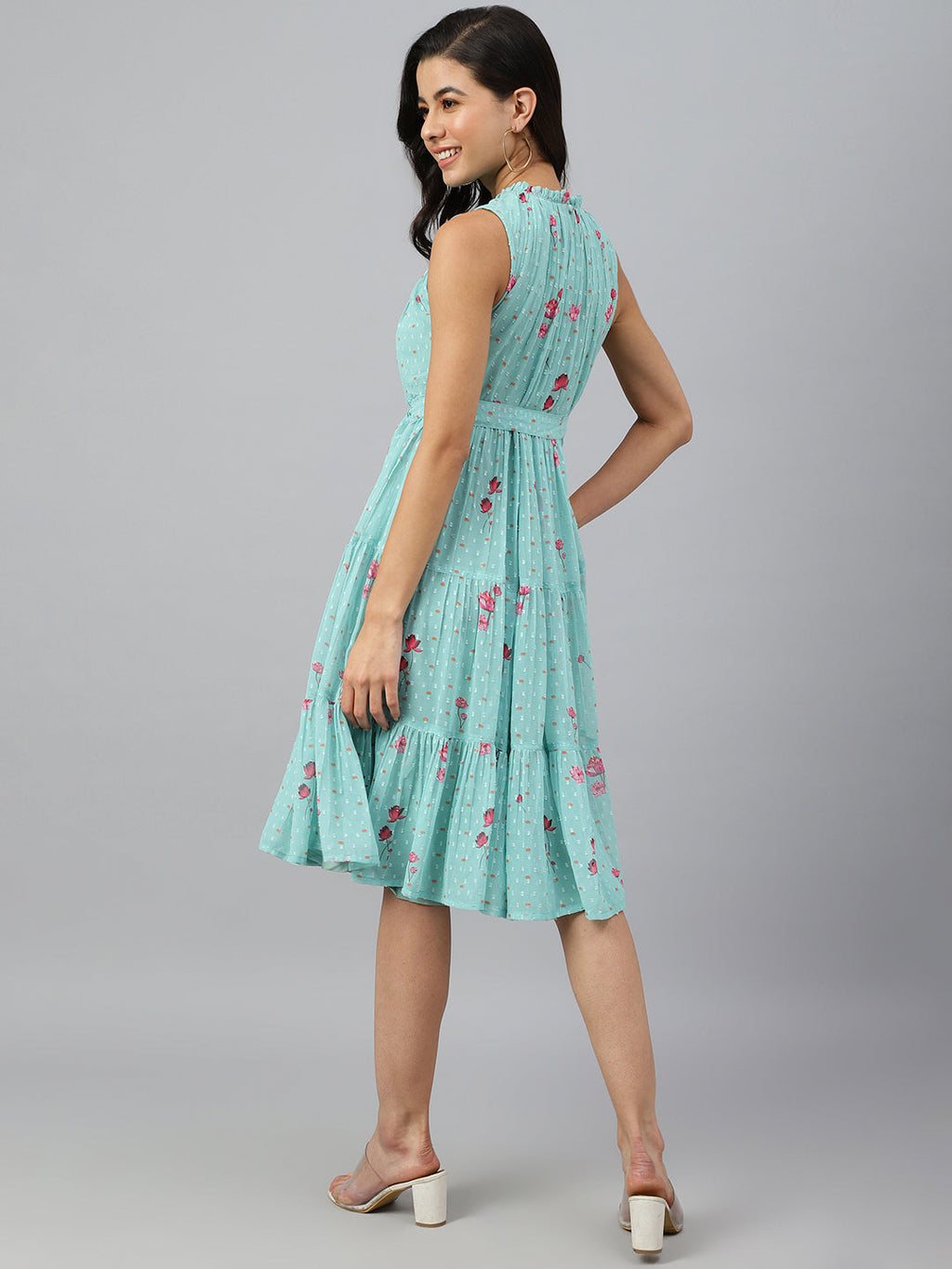 Janasya Women's Sea Green Dobby Georgette Floral Printed Tiered Western Dress - Distacart