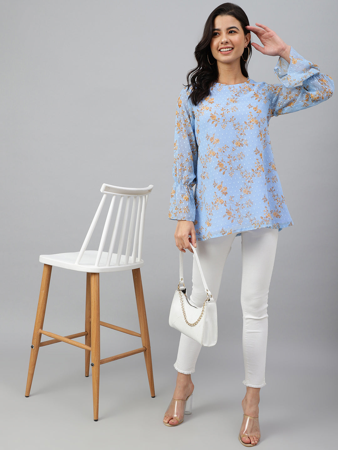 Janasya Women's Sky Blue Dobby Georgette Digital Print A-Line Top - Distacart