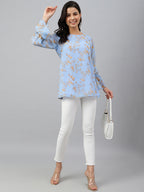 Janasya Women's Sky Blue Dobby Georgette Digital Print A-Line Top - Distacart