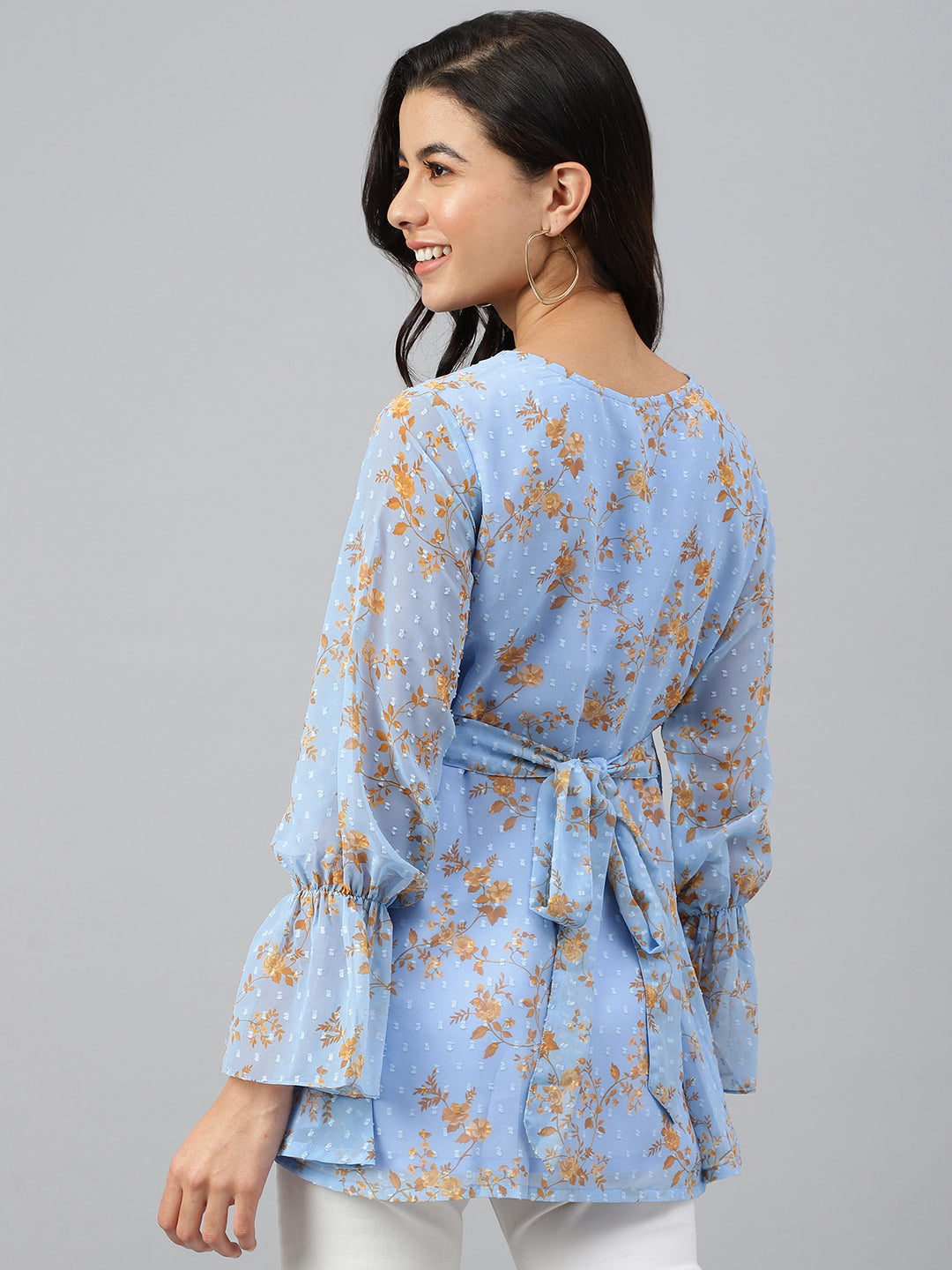 Janasya Women's Sky Blue Dobby Georgette Digital Print A-Line Top - Distacart