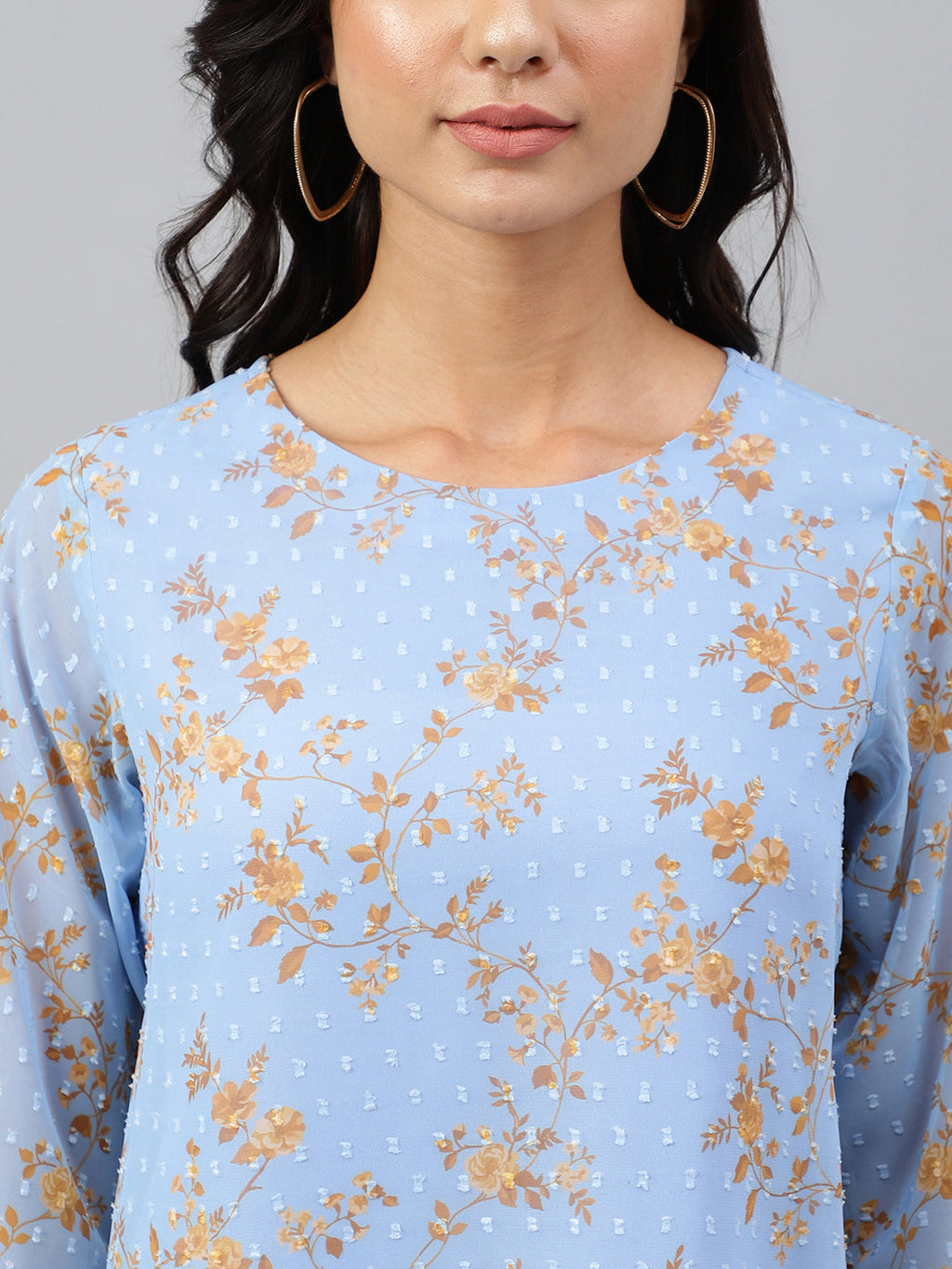Janasya Women's Sky Blue Dobby Georgette Digital Print A-Line Top - Distacart