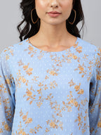 Janasya Women's Sky Blue Dobby Georgette Digital Print A-Line Top - Distacart