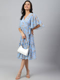 Janasya Women's Sky Blue Dobby Georgette Digital Print Flared Western Dress - Distacart