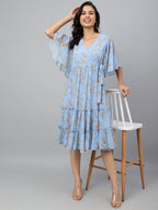 Janasya Women's Sky Blue Dobby Georgette Digital Print Flared Western Dress - Distacart