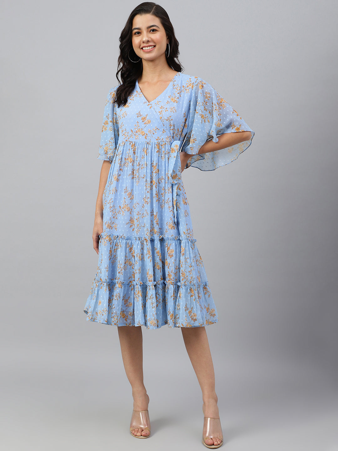 Janasya Women's Sky Blue Dobby Georgette Digital Print Flared Western Dress - Distacart