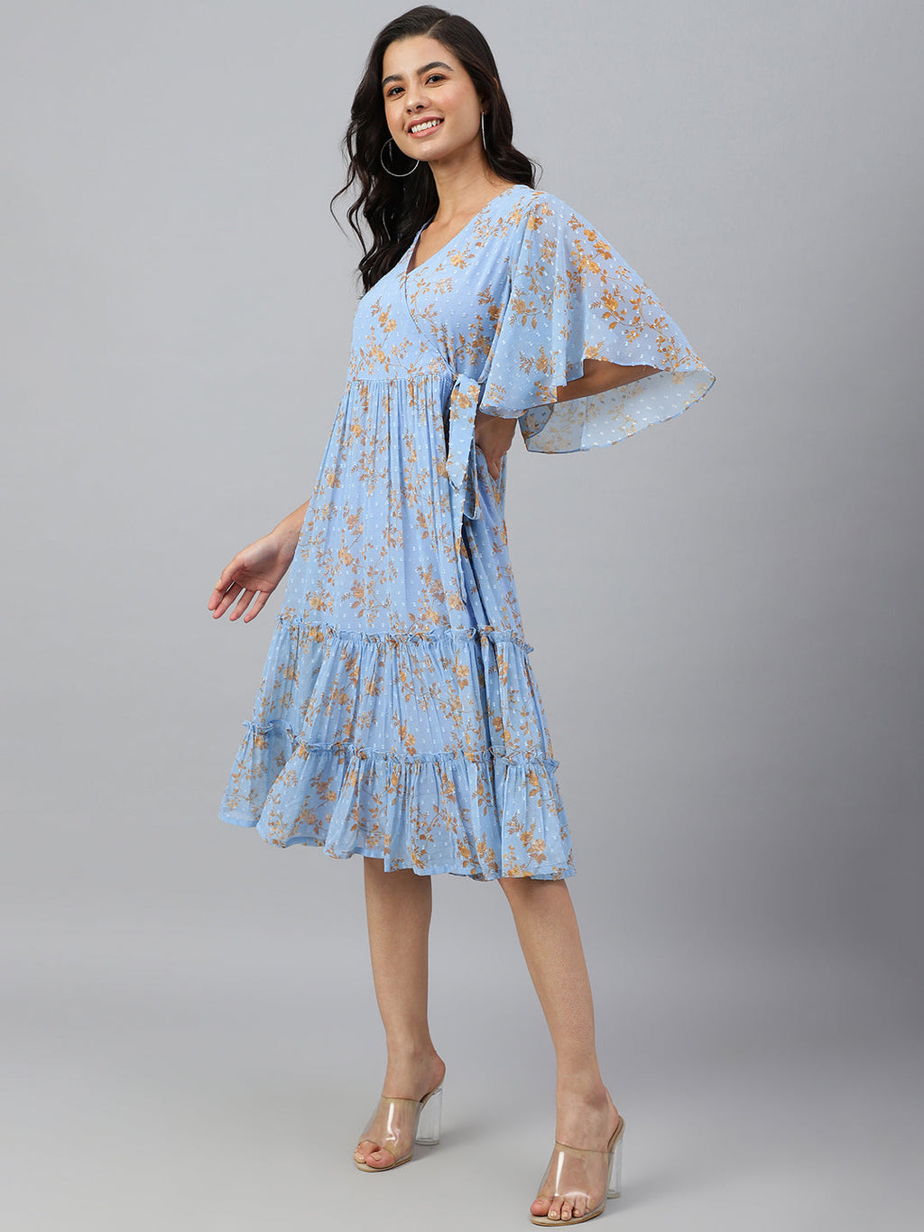 Janasya Women's Sky Blue Dobby Georgette Digital Print Flared Western Dress - Distacart
