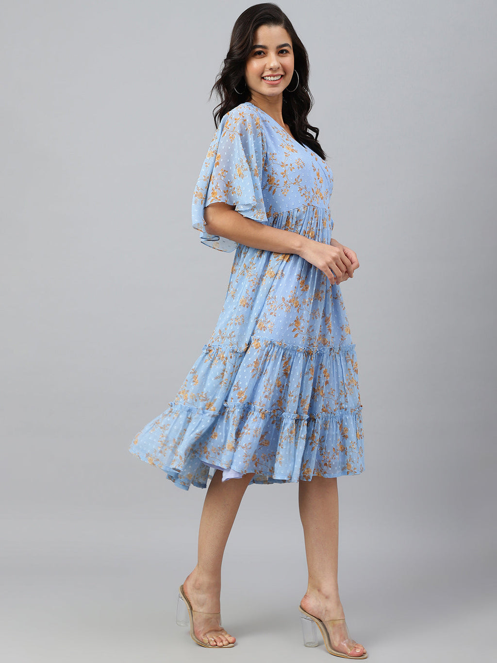 Janasya Women's Sky Blue Dobby Georgette Digital Print Flared Western Dress - Distacart