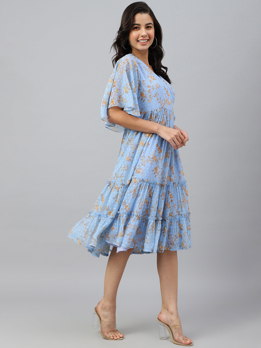Janasya Women's Sky Blue Dobby Georgette Digital Print Flared Western Dress - Distacart