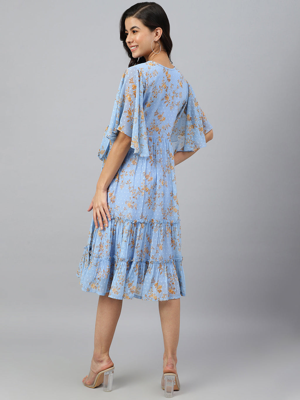 Janasya Women's Sky Blue Dobby Georgette Digital Print Flared Western Dress - Distacart