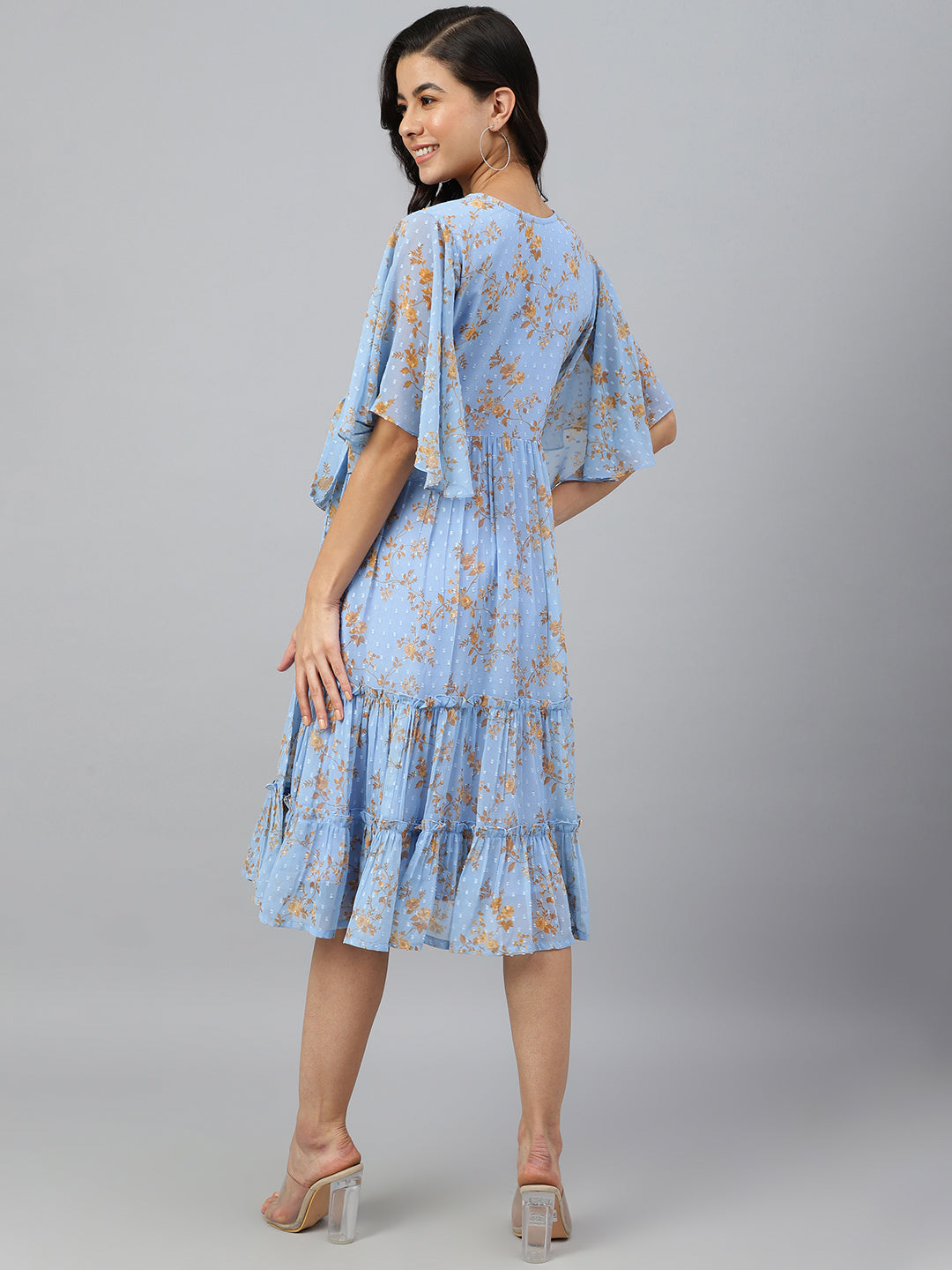 Janasya Women's Sky Blue Dobby Georgette Digital Print Flared Western Dress - Distacart