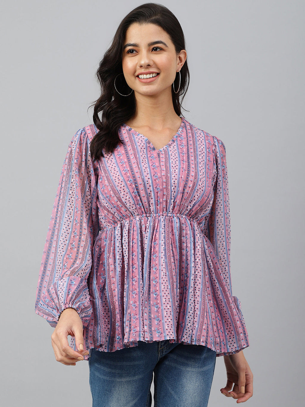 Janasya Women's Pink Dobby Georgette Digital Print Peplum Top - Distacart
