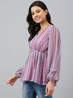 Janasya Women's Pink Dobby Georgette Digital Print Peplum Top - Distacart