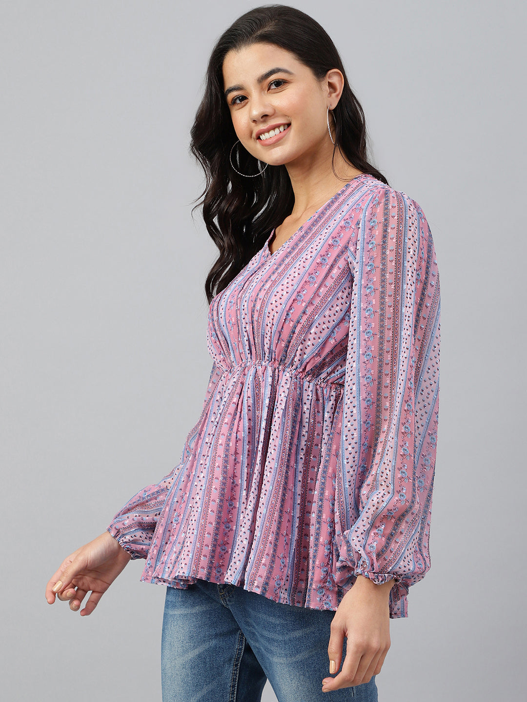 Janasya Women's Pink Dobby Georgette Digital Print Peplum Top - Distacart
