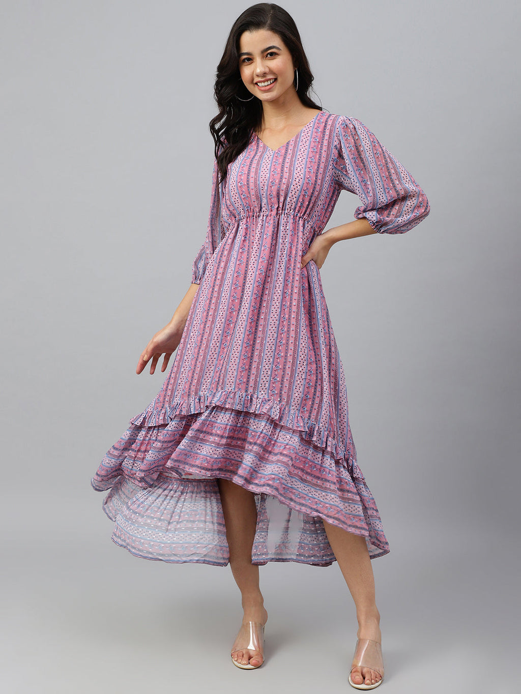 Janasya Women's Pink Dobby Georgette Digital Print High Low Western Dress - Distacart