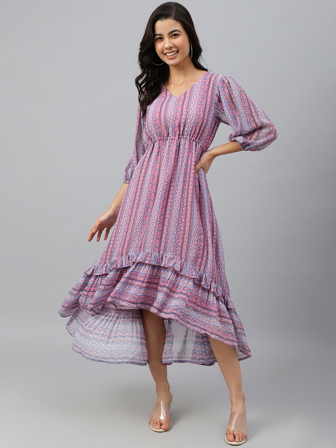 Janasya Women's Pink Dobby Georgette Digital Print High Low Western Dress - Distacart