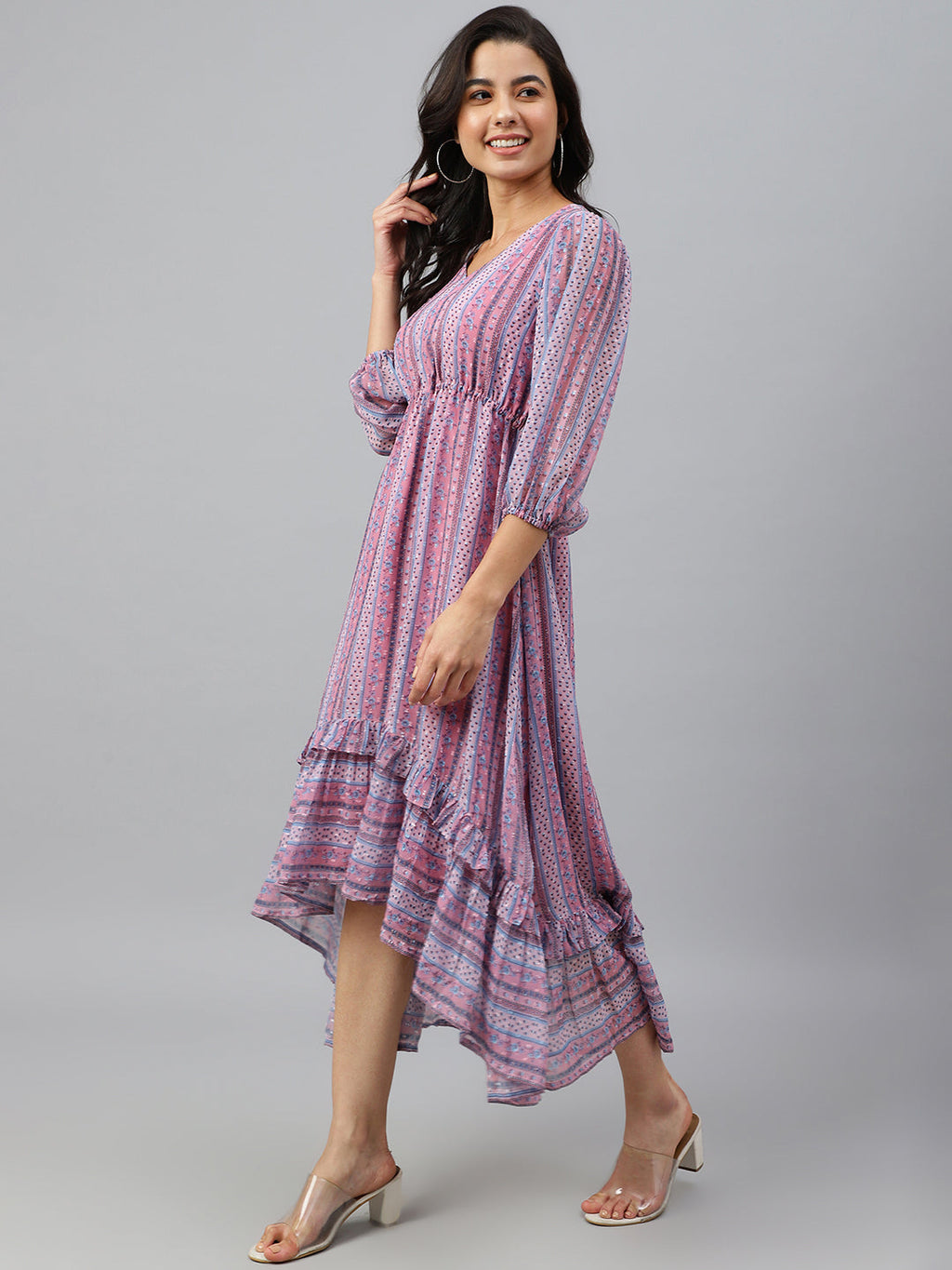Janasya Women's Pink Dobby Georgette Digital Print High Low Western Dress - Distacart