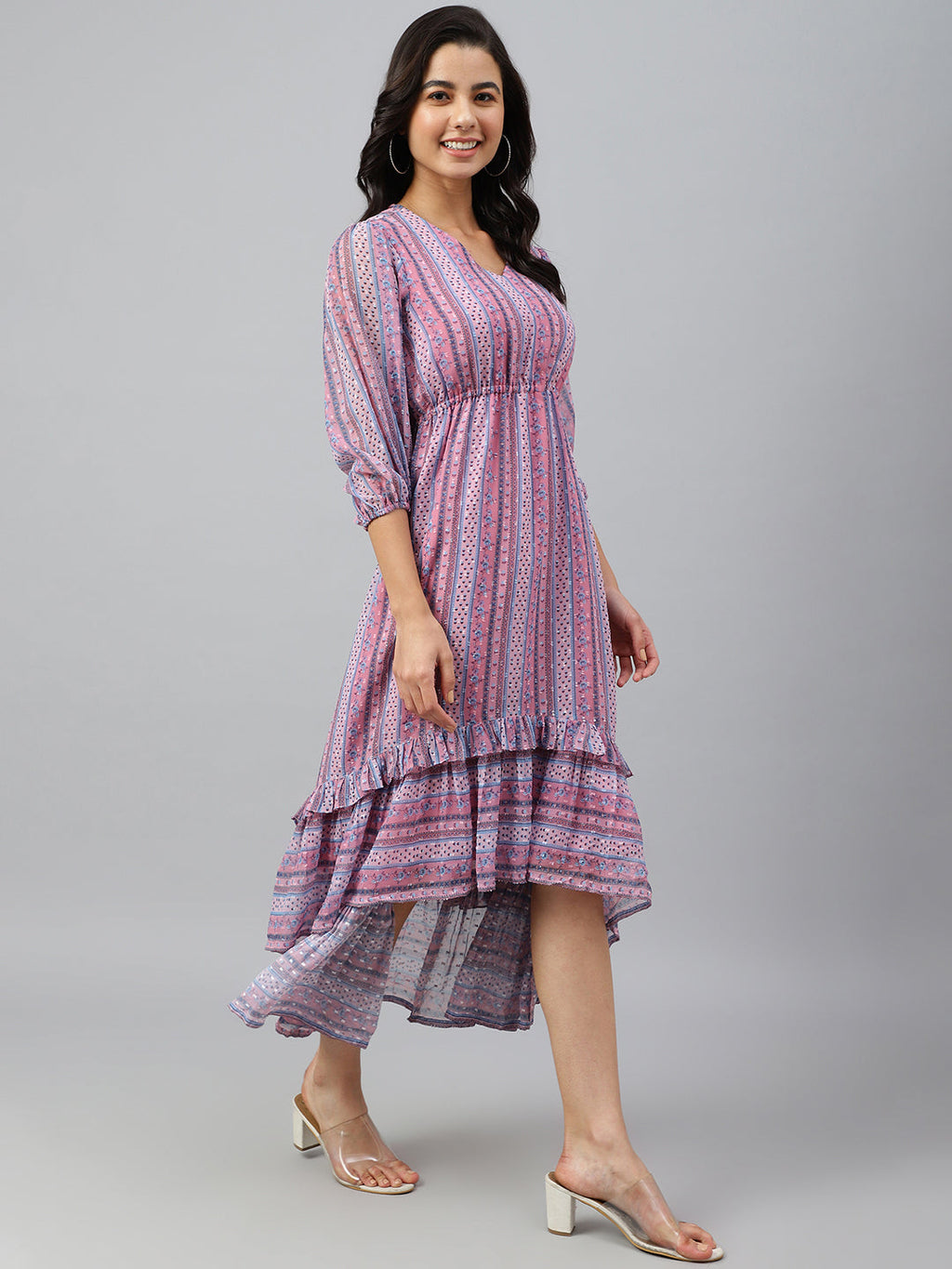 Janasya Women's Pink Dobby Georgette Digital Print High Low Western Dress - Distacart