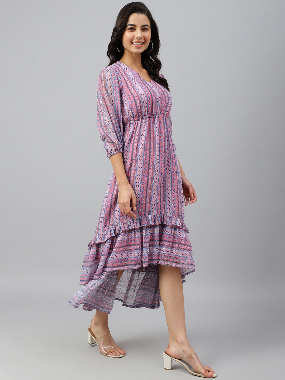 Janasya Women's Pink Dobby Georgette Digital Print High Low Western Dress - Distacart
