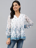 Janasya Women's White Georgette Digital Print Flared Top - Distacart
